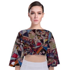 Background Embroidery Pattern Stitches Abstract Tie Back Butterfly Sleeve Chiffon Top by Ket1n9