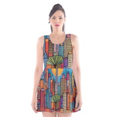 City New York Nyc Skyscraper Skyline Downtown Night Business Urban Travel Landmark Building Architec Scoop Neck Skater Dress by Posterlux