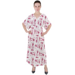 Fantasy Landscape Scene Sketchy Illustration Motif Pattern Wb V-neck Boho Style Maxi Dress by dflcprintsclothing