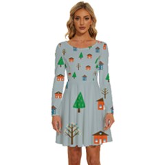 House Trees Pattern Background Long Sleeve Wide Neck Velvet Dress by Maspions