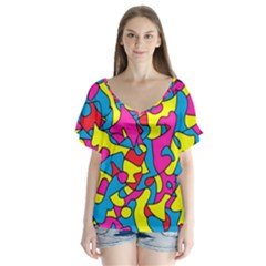 Colorful-graffiti-pattern-blue-background V-neck Flutter Sleeve Top by designsbymallika
