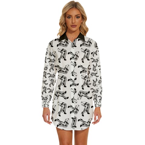 Erotic Pants Motif Black And White Graphic Pattern Black Backgrond Womens Long Sleeve Shirt Dress by dflcprintsclothing