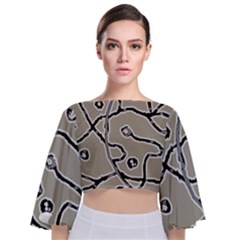 Sketchy Abstract Artistic Print Design Tie Back Butterfly Sleeve Chiffon Top by dflcprintsclothing