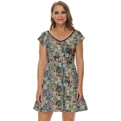 Sticker Collage Motif Pattern Black Backgrond Short Sleeve Tiered Mini Dress by dflcprintsclothing