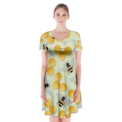 Bees Pattern Honey Bee Bug Honeycomb Honey Beehive Short Sleeve V-neck Flare Dress by Bedest