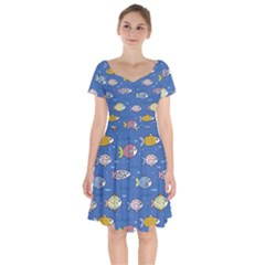 Sea Fish Blue Submarine Animals Patteen Short Sleeve Bardot Dress by Maspions