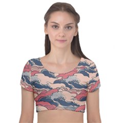 Waves Ocean Sea Water Pattern Rough Seas Digital Art Nature Nautical Velvet Short Sleeve Crop Top  by Bedest