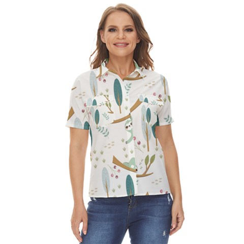 Pattern Sloth Woodland Women s Short Sleeve Double Pocket Shirt by Hannah976