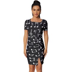 Chalk Music Notes Signs Seamless Pattern Fitted Knot Split End Bodycon Dress by Ravend