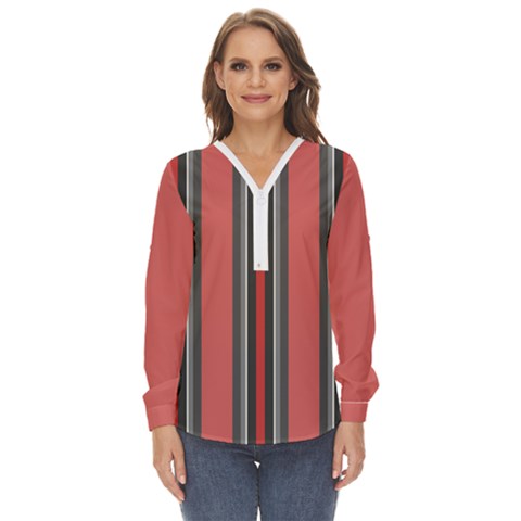 Rosa Grau Streifen Zip Up Long Sleeve Blouse by 2607694c