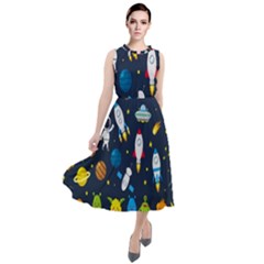 Big Set Cute Astronauts Space Planets Stars Aliens Rockets Ufo Constellations Satellite Moon Rover V Round Neck Boho Dress by Bedest