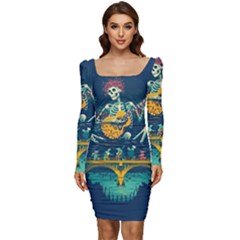 Grateful Dead Singing Skeleton Women Long Sleeve Ruched Stretch Jersey Dress by Bedest