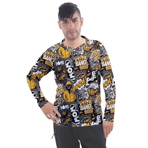 Boom Bang Art Crazy Drawing Graffiti Hello Retro Sayings Yellow Men s Pique Long Sleeve T-shirt by Bedest