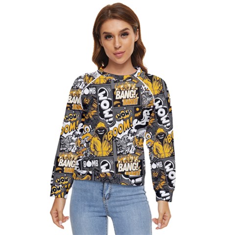 Boom Bang Art Crazy Drawing Graffiti Hello Retro Sayings Yellow Women s Long Sleeve Raglan T-shirt by Bedest