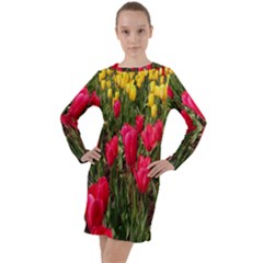 Yellow Pink Red Flowers Long Sleeve Hoodie Dress by Azkajaya