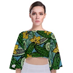 Seamless Pattern With Cucumber Slice Flower Colorful Hand Drawn Background With Vegetables Wallpaper Tie Back Butterfly Sleeve Chiffon Top by Ket1n9