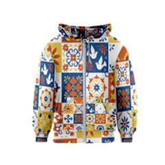 Mexican Talavera Pattern Ceramic Tiles With Flower Leaves Bird Ornaments Traditional Majolica Style Kids  Zipper Hoodie by Ket1n9