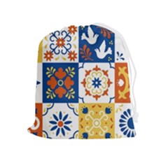 Mexican Talavera Pattern Ceramic Tiles With Flower Leaves Bird Ornaments Traditional Majolica Style Drawstring Pouch (xl) by Ket1n9