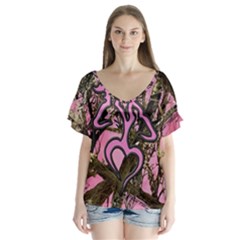 Pink Browning Deer Glitter Camo Camouflage V-neck Flutter Sleeve Top by Loisa77
