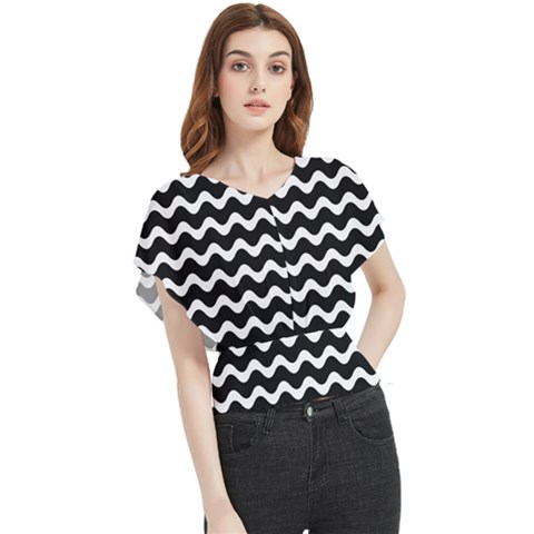 Wave-black White Butterfly Chiffon Blouse by kyorashop23