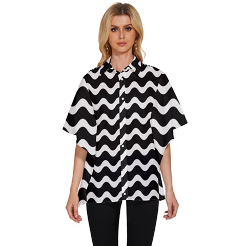 Wave-black White Women s Batwing Button Up Shirt by kyorashop23