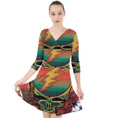 Grateful Steal Your Face Deadhead Hippie Logo Symbol Quarter Sleeve Front Wrap Dress by Loisa77