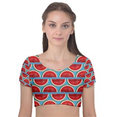Illustrations Watermelon Texture Pattern Velvet Short Sleeve Crop Top  by anzea