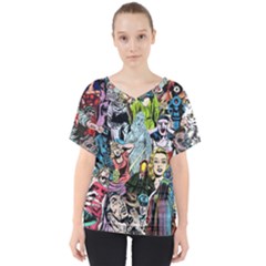 Vintage Horror Collage Pattern V-neck Dolman Drape Top by Ket1n9