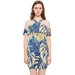 Abstract Art Tropical Leaves Shoulder Frill Bodycon Summer Dress by Valentinaart