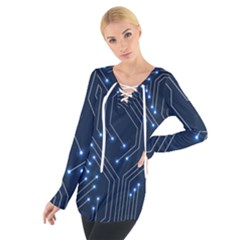 Seamless Pattern Of Glowing Circuit Board Neon Technology Tie Up T-shirt by Loisa77