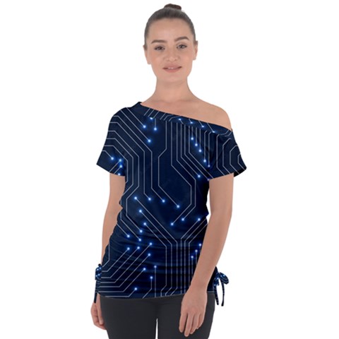 Seamless Pattern Of Glowing Circuit Board Neon Technology Off Shoulder Tie-up T-shirt by Loisa77
