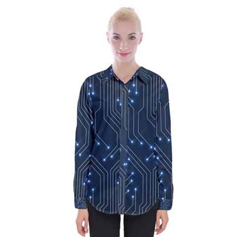 Seamless Pattern Of Glowing Circuit Board Neon Technology Womens Long Sleeve Shirt by Loisa77