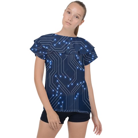 Seamless Pattern Of Glowing Circuit Board Neon Technology Ruffle Collar Chiffon Blouse by Loisa77