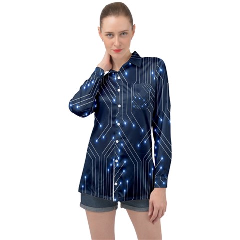 Seamless Pattern Of Glowing Circuit Board Neon Technology Long Sleeve Satin Shirt by Loisa77