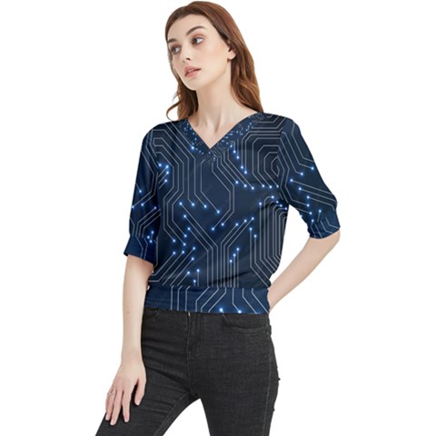 Seamless Pattern Of Glowing Circuit Board Neon Technology Quarter Sleeve Blouse by Loisa77