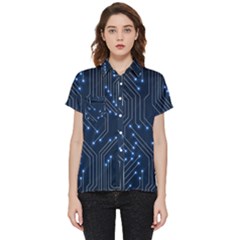 Seamless Pattern Of Glowing Circuit Board Neon Technology Short Sleeve Pocket Shirt by Loisa77