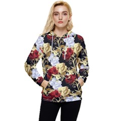 Roses Seamless Pattern Floral Women s Lightweight Drawstring Hoodie by Loisa77