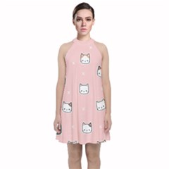 Cute Cat Cartoon Doodle Seamless Pink Pattern Velvet Halter Neckline Dress  by Grandong