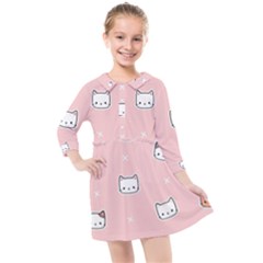 Cute Cat Cartoon Doodle Seamless Pink Pattern Kids  Quarter Sleeve Shirt Dress by Grandong