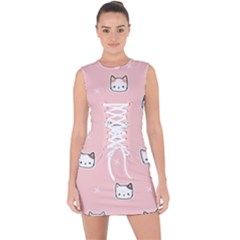 Cute Cat Cartoon Doodle Seamless Pink Pattern Lace Up Front Bodycon Dress by Grandong