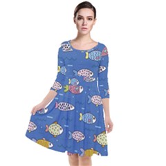 Sea Fish Blue Submarine Animals Quarter Sleeve Waist Band Dress by Loisa77