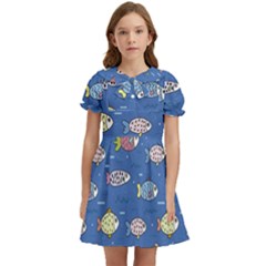 Sea Fish Blue Submarine Animals Kids  Bow Tie Puff Sleeve Dress by Loisa77