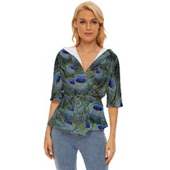 Peacock Feathers Details Lightweight Drawstring Hooded Top by Loisa77