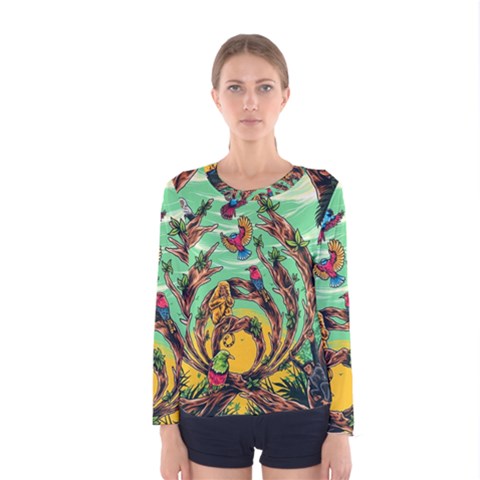 Monkey Tiger Bird Parrot Forest Jungle Style Women s Long Sleeve T-shirt by Grandong