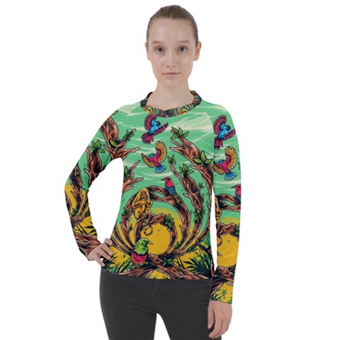 Monkey Tiger Bird Parrot Forest Jungle Style Women s Pique Long Sleeve T-shirt by Grandong