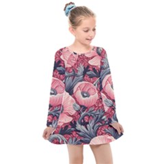 Vintage Floral Poppies Kids  Long Sleeve Dress by Grandong