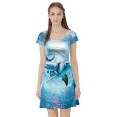 Dolphin Blue Fantasy Short Sleeve Skater Dress by Loisa77