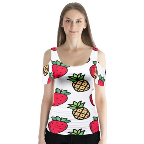 Strawberries Pineapples Fruits Butterfly Sleeve Cutout T-shirt  by Loisa77