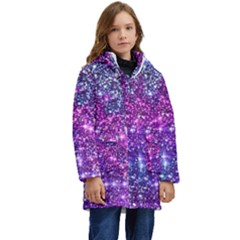 Purple Violet Glitter Galaxy Nebula Space Pattern Kids  Hooded Longline Puffer Jacket by Perong