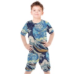 The Great Wave Of Kanagawa Painting Kids  T-shirt And Shorts Set by Perong